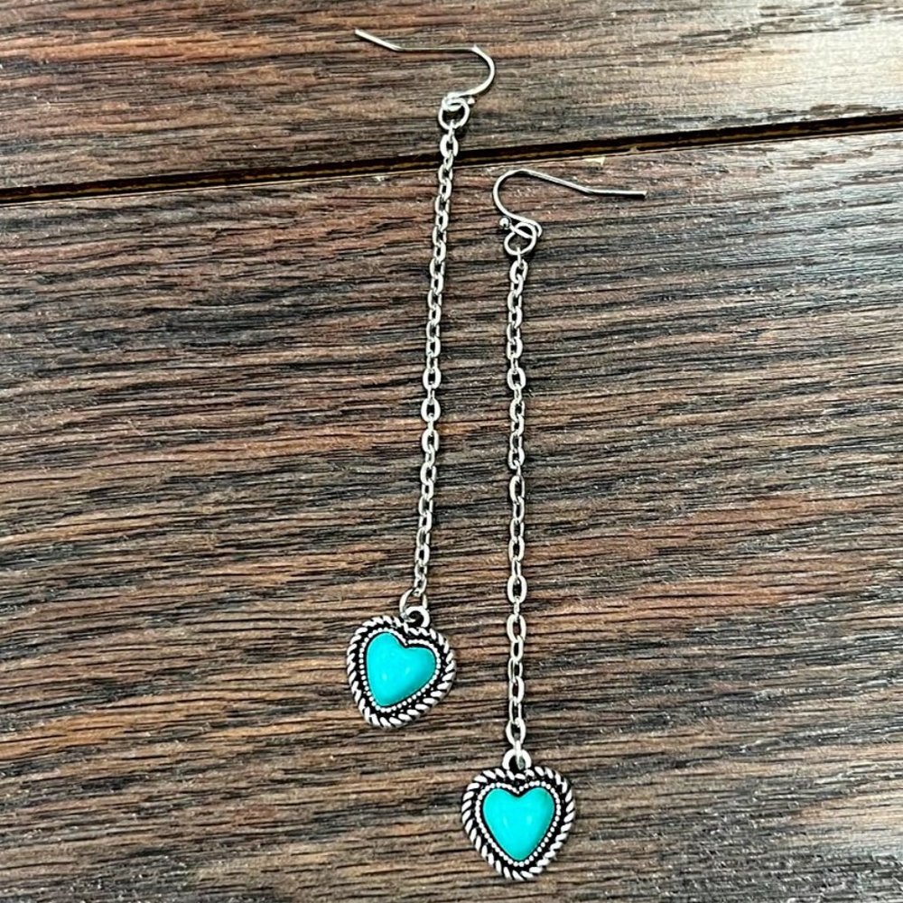 Heart Turquoise Long Dangle Earrings